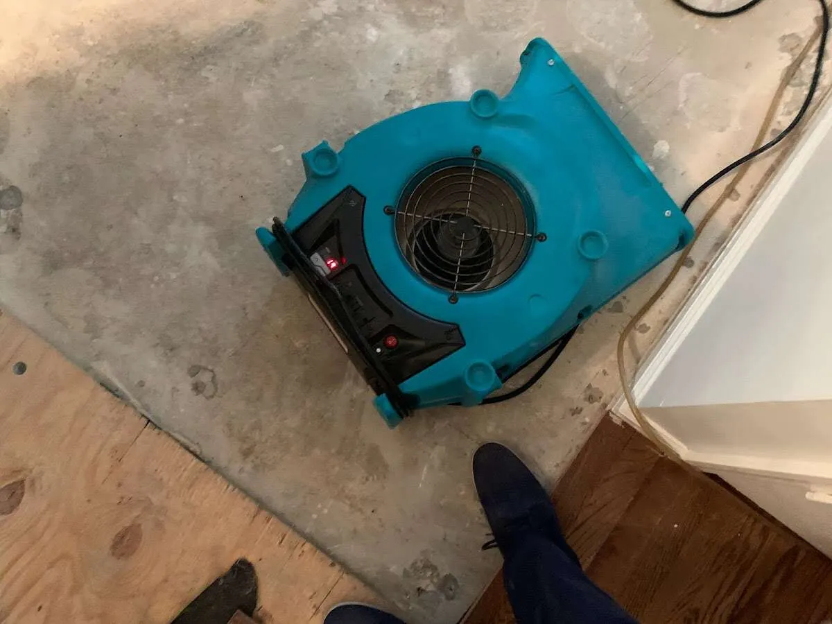 Air mover drying subfloor during Leak Detection & Repair in Carrollton